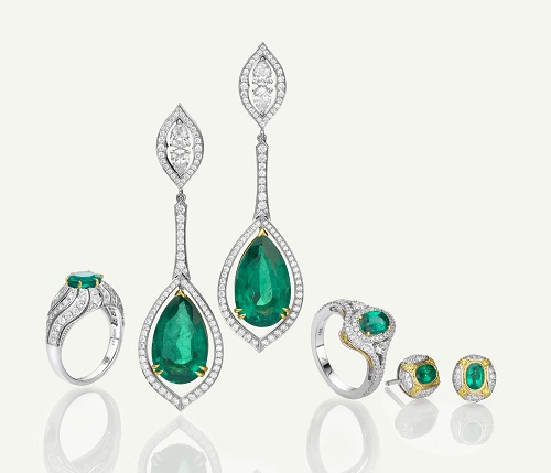 Assorted emerald and diamond jewelry